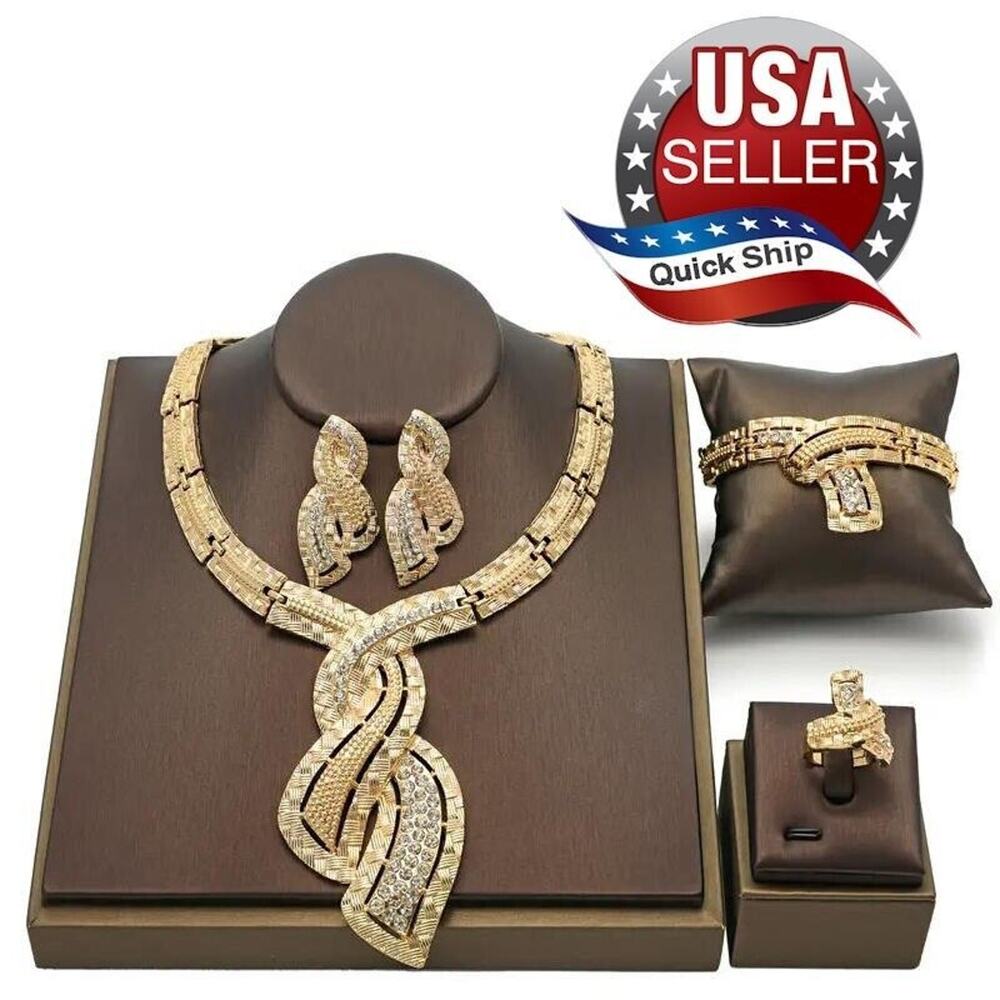 Traditional Rhinestone Bridal Set • Earrings-Necklace-Bracelet-Ring • Gold Tone